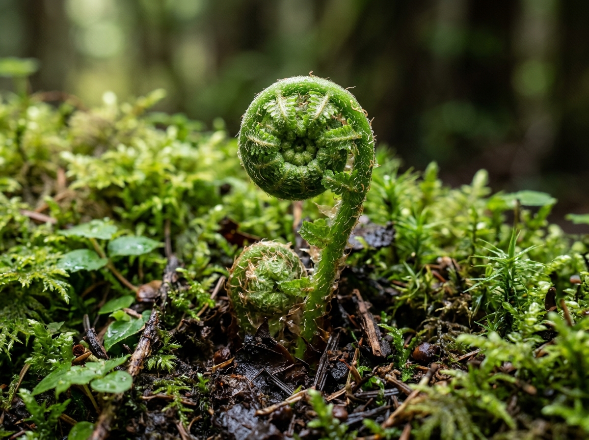 Unfurling green fern fiddlehead in rich forest soil