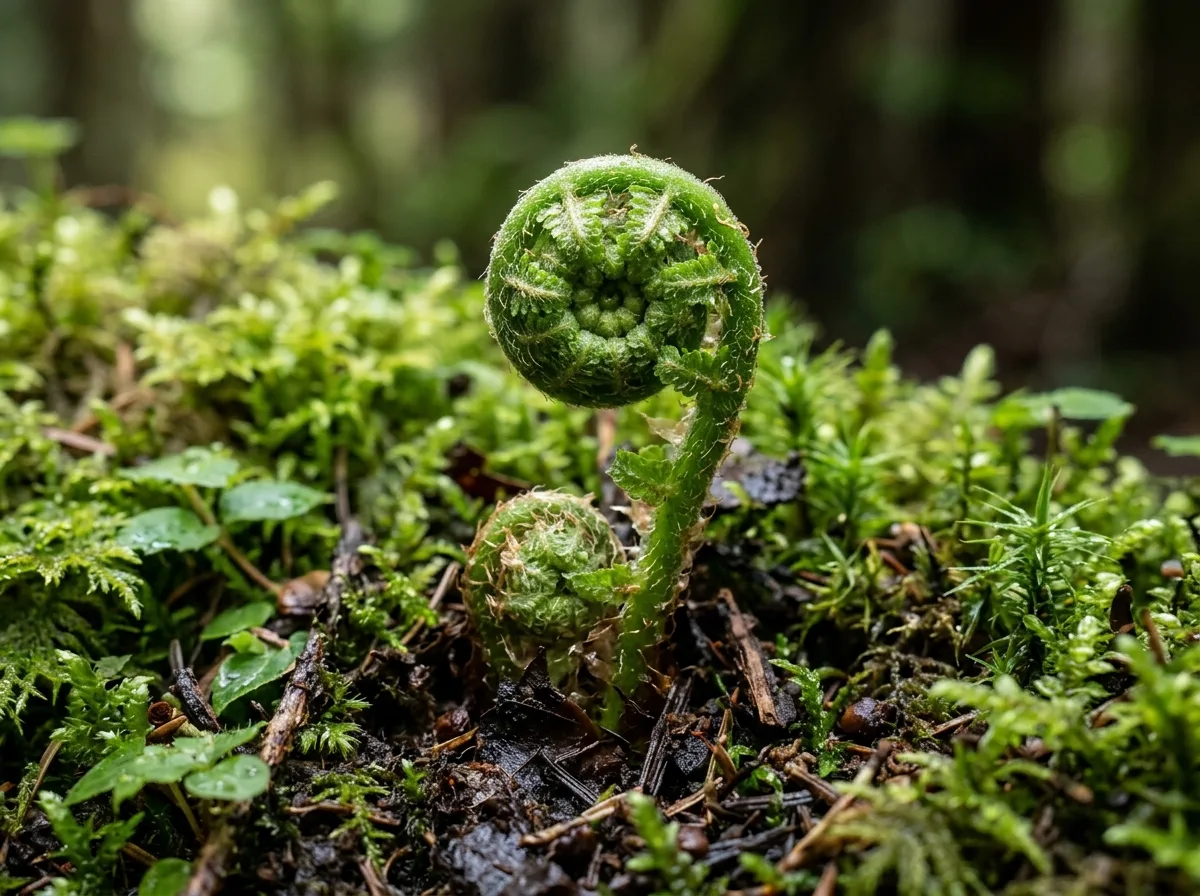 Unfurling green fern fiddlehead in rich forest soil