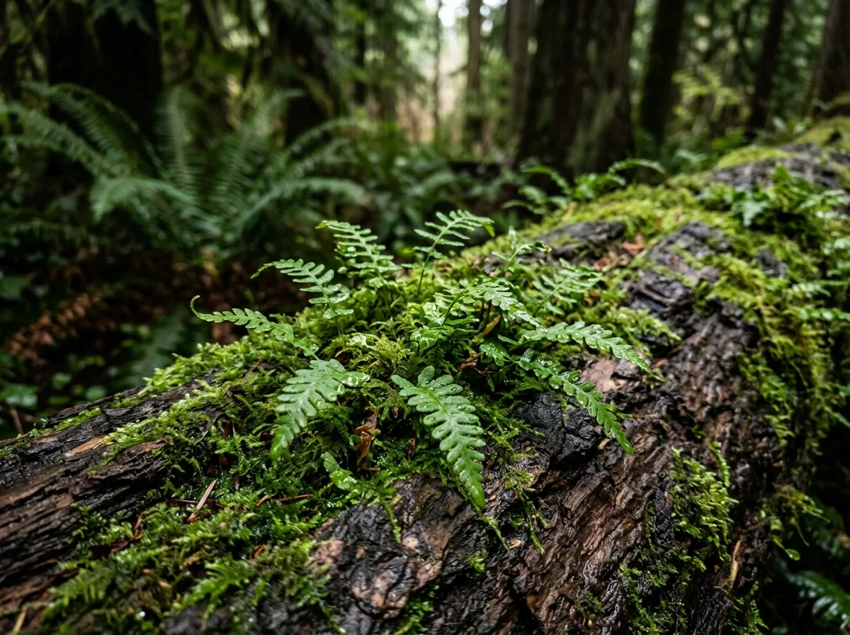 Rich green forest moss and cedar bark