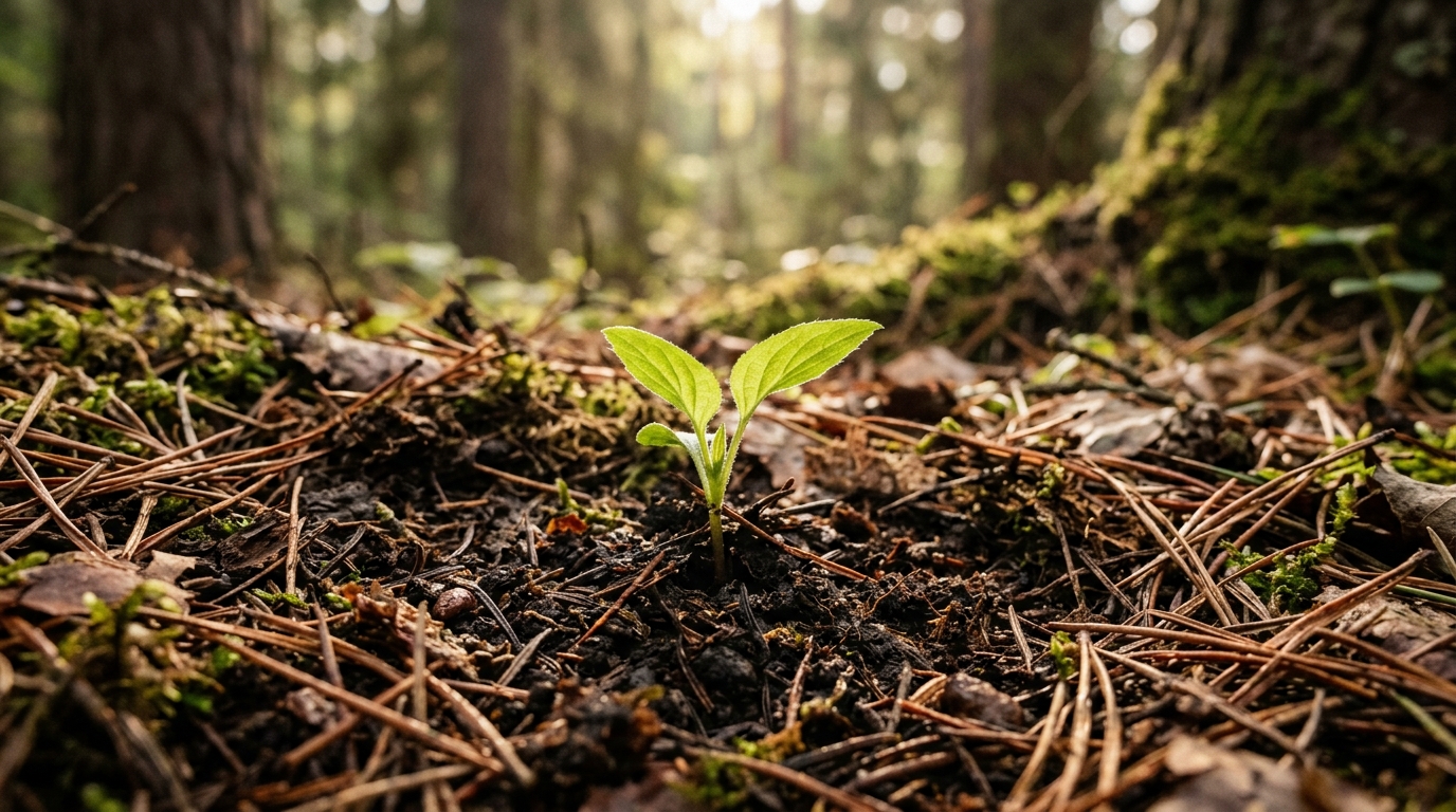 Tender green seedling sprout in forest soil